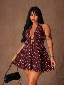 Rustia Vestido mini sexy de línea A con escote halter y lunares para mujer de talla grande - Marrón - Ver 5