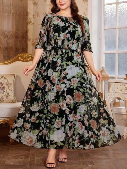 Reflora Rochie de vară elegantă din șifon plisat, mărime plus, cu imprimeu geometric