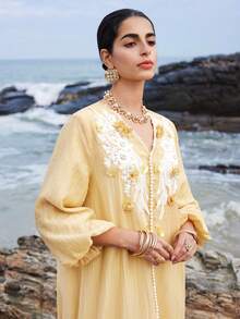 Al Najma 女士土耳其长款连衣裙和阿拉伯传统长袍 - 黃色 - 查看 4