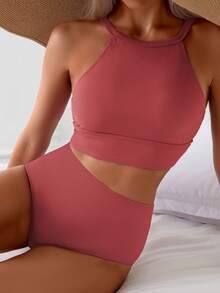 Swim Lushoire Bộ bikini hai mảnh cạp cao màu đen dành cho nữ, thích hợp cho kỳ nghỉ, kiểu dáng thường ngày. - Màu hồng gỉ - Xem 1