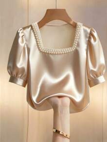 Ellegaria. Women's Champagne Satin Pearl Collar Puff Sleeve Blouse, French Elegant Chic Short Sleeve Shirt, Spring/Summer - Apricot - View 3