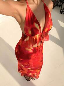 Aloruh Women's Tie-Dye Ruffle Hem Halter Top And Mini Skirt Sexy 2 Pieces Set, Vacation - White - View 7