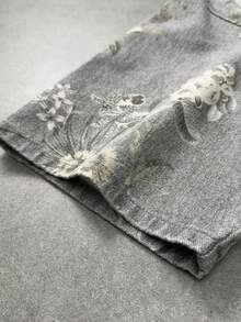 ROMWE MEN Street Life Áo khoác denim nam tay ngắn in hoa, khóa kéo phía trước, kiểu dáng thường ngày. - Màu xanh lam - Xem 7