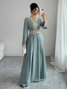 Rafferiza Women's Solid Light Gray-Green V-Neck Waist Cinched Long Sleeve A-Line Ruffle Trim Cinched Waist Robe, Women's Long Robe Turkish Abaya, Arab Long Robe For Fall - Gray green - View 3