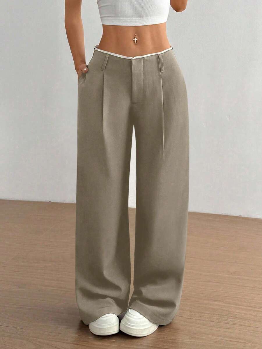 TRNVIE 女士夏季复古新款百搭通勤商务直筒裤，腰部拼接高端设计修身灰卡其色长裤，适合办公室和工作场合穿着。 - 灰色 - 查看 1