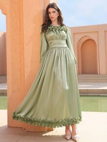 Graceveil 纯色优雅荷叶边褶裥腰身长袖喇叭下摆女式连衣裙 - 綠色 - 查看 7