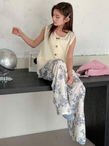 DAZY 少女休闲简约双口袋背心和印花长裤套装，夏季 - 杏色 - 查看 1