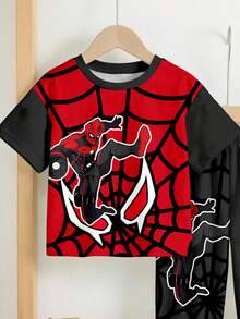 SHEIN 2件套男童休闲简约经典时尚酷炫蜘蛛印花运动撞色宽松舒适圆领短袖T恤和短裤，适合春夏穿着 - 彩色 - 查看 4