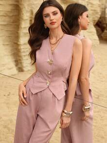 Modelyn 2pcs/Set Women Lady-Like Pink Tie-Up Waist Design Metal Buckle Sleeveless Vest And Wide Leg Pants - Pink - View 10