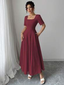 SHEIN Elenzya 女士优雅简约通勤办公商务休闲度假下午茶连衣裙，定制修身A字廓形，带口袋，短袖，春夏款 - 酒紅色 - 查看 7