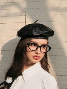 SHEIN MOD 1pc Women's Beret Black Pu Leather Hat Popular In Saudi Arabia Women's Accessories Kpop Elegant - Black - View 13