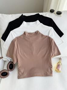 SHEIN EZwear 3 chiếc áo thun ngắn tay cổ đứng màu trơn, dáng suông, thời trang, đa năng dành cho nữ, thích hợp đi nghỉ mát. - Nhiều màu - Xem 13