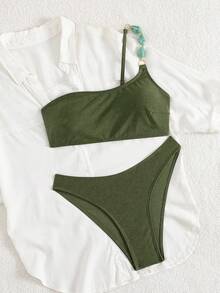 Swim Chiccia 女士夏季沙滩音乐节棕色亮面面料串珠单肩优雅比基尼套装 - 軍綠色 - 查看 4