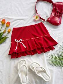 Soleia Spring/Summer New Casual Vacation Western Beach Wedding Guest Attire Graduation Brunch Women's Clothing St. Patrick's Day Spring Break Easter Music Festival Elegant Boho Tropical Romantic Valentine's Day Party Lace Ruffle Bow Mini Skirt - Red - View 6