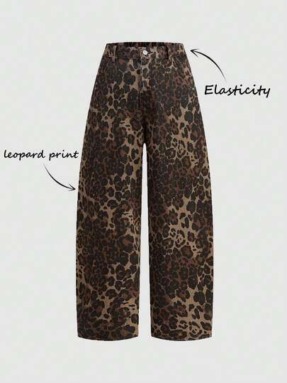 SHEIN MOD Plus Size Women Retro Leopard Print Denim Jeans Summer Outfits Spring Outfit Women Carnival Outfit Casual Pants For Women Casual Women Outfits  Leopard Print Jeans Brown Pants Women High Waist Leopard Print Wide Leg Jeans Stylish And Comfortable Everyday Look