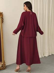 Firerie Vestido largo de línea A con cuello redondo, cintura fruncida, cintura alta, manga de murciélago y manga larga, elegante, exquisito, romántico y encantador para fiesta de Año Nuevo, baile, cita de San Valentín, talla grande, color morado rojo - Rojo violeta - Ver 2