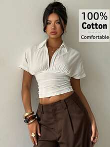 Aloruh 女士春夏立领V领纯白色修身短袖衬衫 - 白色 - 查看 7