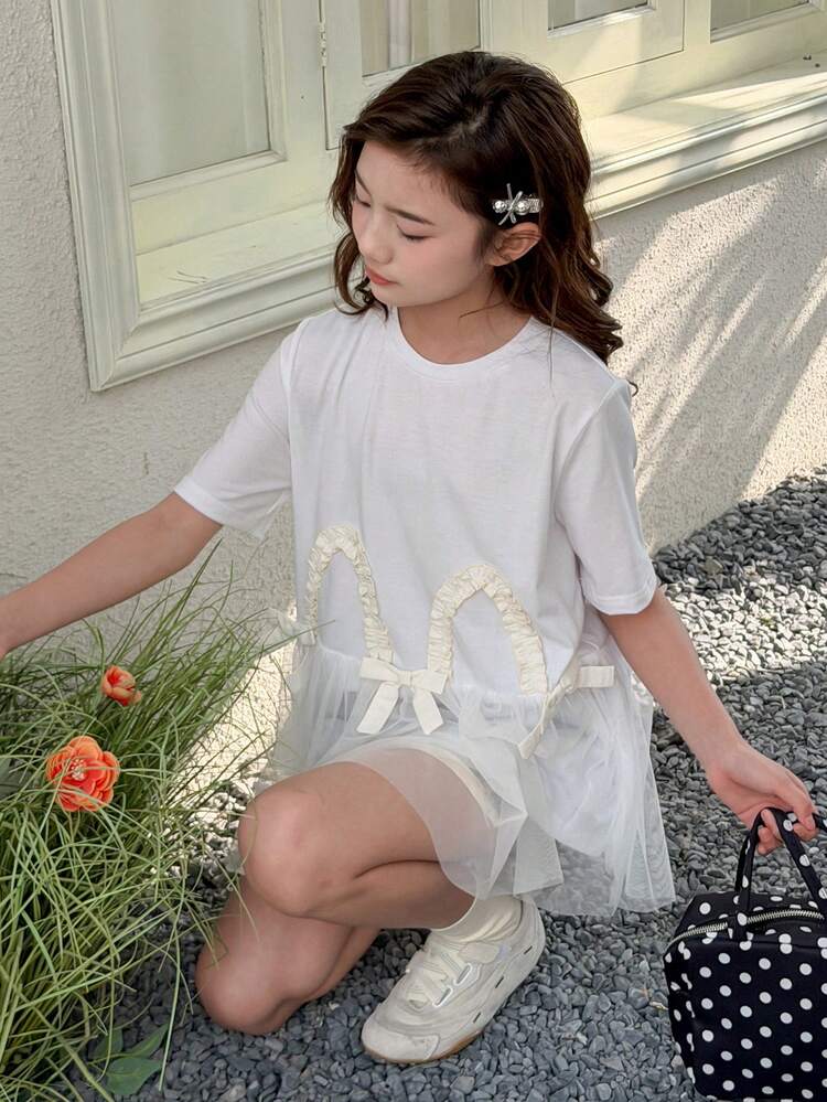 Tween Girls' Summer Casual Mesh Patchwork Bow Decor T-Shirt