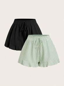 CosyJoli 2件装加大码女式夏季休闲度假日常通勤纯色条纹印花抽绳腰荷叶边宽松短裤 - 綠色 - 查看 5