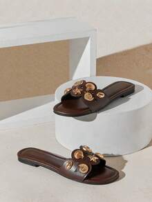 Solezae Women's Minimalist Comfortable, , One Band Slip-On Flat Sandals With Metal Ornaments - Coffee Brown - View 6