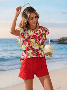 Blusa casual de mujer con estampado floral y mangas de vuelo, top de verano para vacaciones, playa para mujeres - Negro 2 - Ver 10