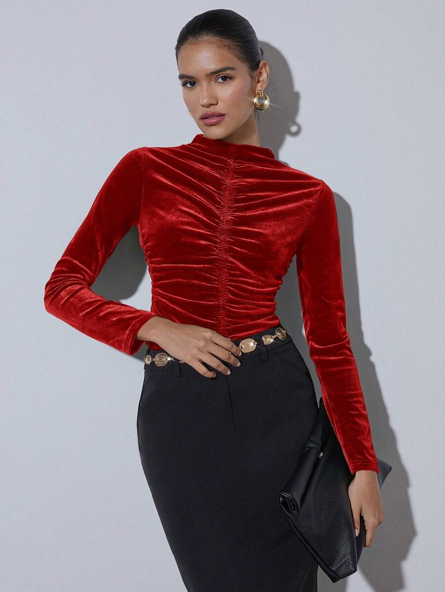 COSMINA Women's Solid Color Pleated Fitted Elegant Long Sleeve Blouse, Velvet Top,  Red Long Sleeve Top,  Dark Red Top,  Tops For Women Elegant - Red - View 1