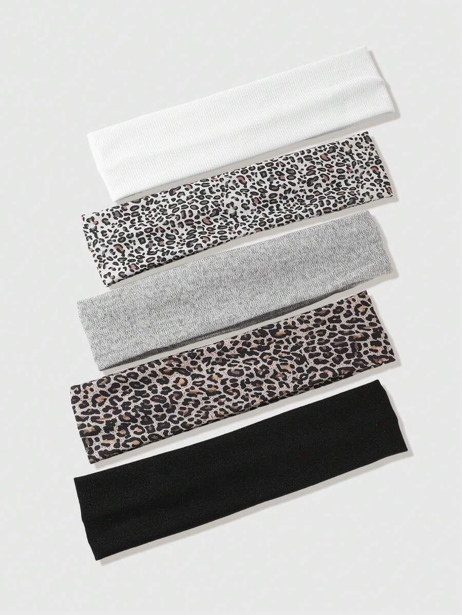 ROMWE Goth 5pcs Vintage Leopard Print + Solid Color Wide Headbands For Women, Suitable For Daily Street Style, Music Festivals, Art Exhibitions And Other Events - 5pcs/set - View 1
