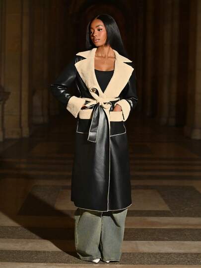 Mima John 女士休闲撞色装饰长袖口袋蓬松拼接夹克女款保暖秋冬装