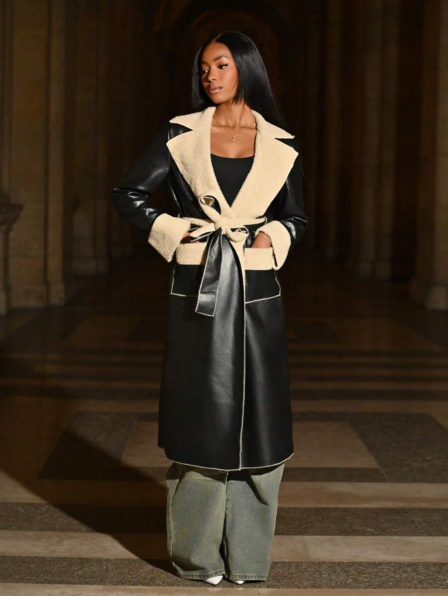 Mima John 女士休闲撞色装饰长袖口袋蓬松拼接夹克女款保暖秋冬装 - 黑色 - 查看 1