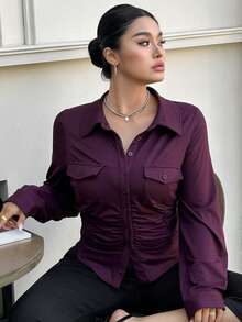 Dazy Plus 弹力修身翻领性感开襟短款衬衫式长袖T恤，春秋季 - 中紫紅色 - 查看 2
