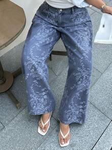 Dazy Plus 印花宽松直筒休闲牛仔裤，街头风，四季皆宜 - 中等水洗藍 - 查看 8