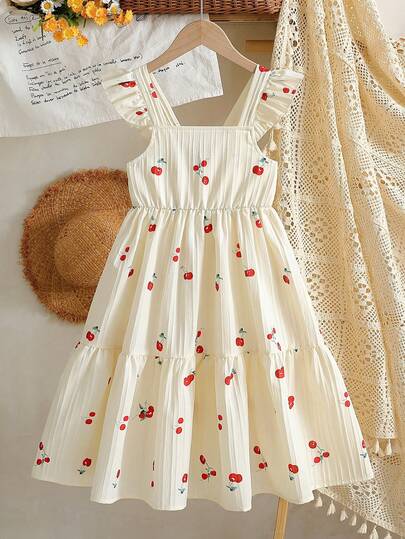 Vintaside Kids Tween Girls' Cute Floral Cherry Print A-Line Sleeveless Dress, Suitable For Daily Outings, Casual Outings, Parties, Vacations, Valentine's Day Outfit