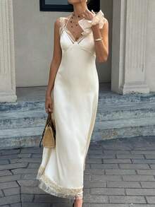 Cévolie Đầm slip nữ màu trắng phối ren, kiểu patchwork. - trắng - Xem 3