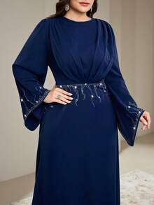 Veilorie 大码女式圆领喇叭袖水钻装饰褶皱优雅连衣裙 - 藏蓝色 - 查看 6