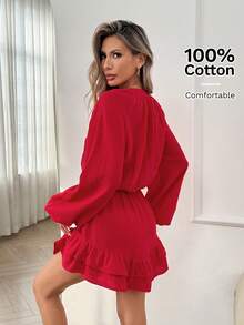 Easowa 红色灯笼袖半开领松紧腰荷叶边下摆100%纯棉迷你连衣裙，适合情人节、浪漫假期、休闲乡村度假等场合。 - 紅色 - 查看 4