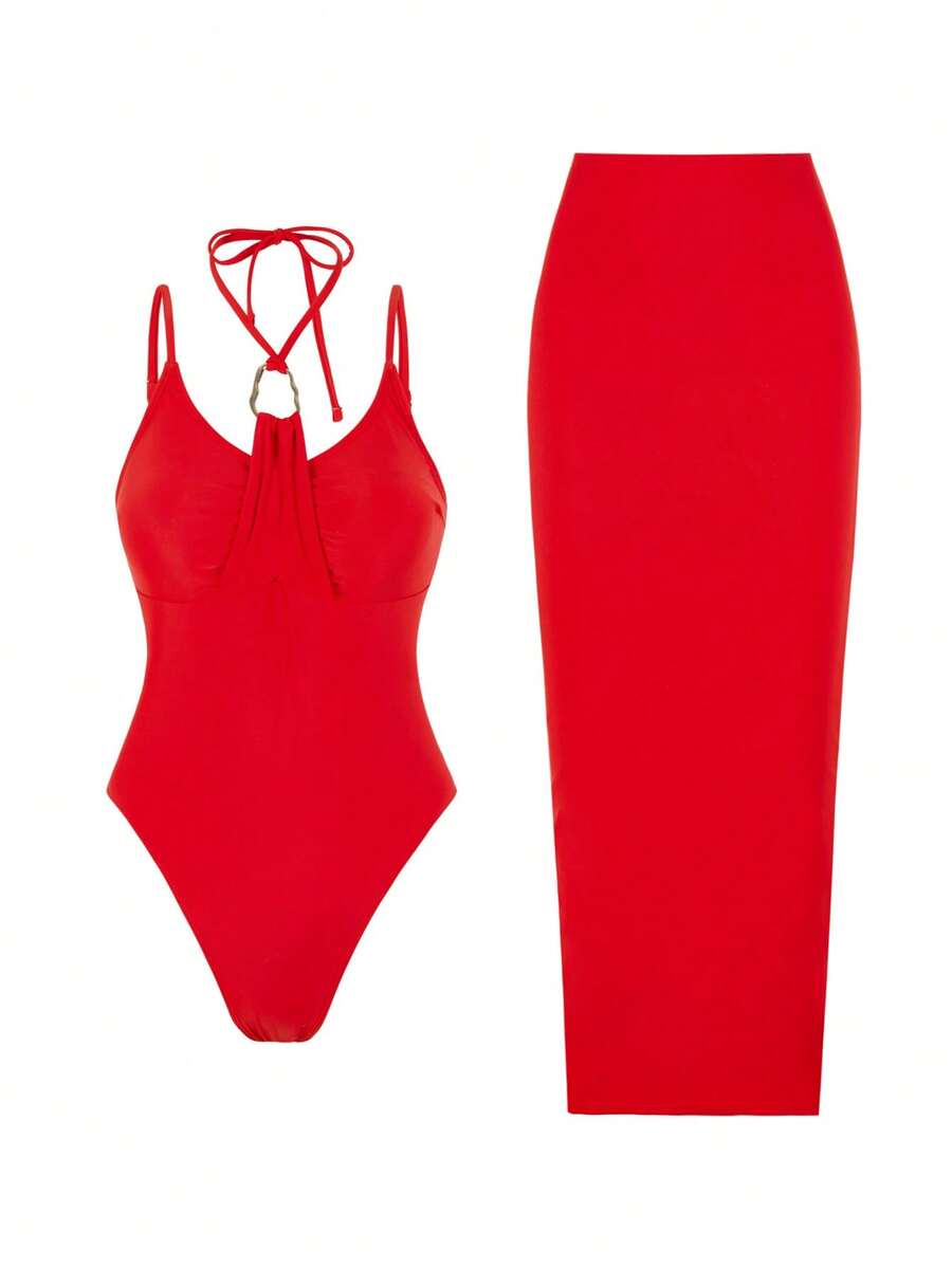 Swim Oasis 女士连体挂脖高开衩泳衣带罩裙套装 - 紅色 - 查看 1