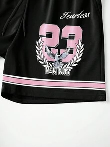 Manfinity Joysei Bộ đồ nam gồm áo thun ngắn tay cổ tròn in chữ và số, kết hợp với quần short cạp chun có dây rút, thích hợp mặc thường ngày. - Nhiều màu - Xem 4