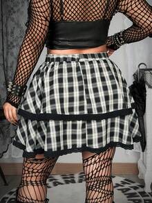 Whyspr Plus Size Black & White Plaid Ruffle Patchwork Studded A-Line Mini Skirt - Multicolor - View 2