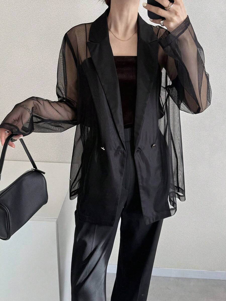 FRIFUL 女士休闲撞色网纱翻领双排扣西装外套 - 黑色 - 查看 1