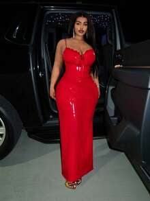 Slaydiva Mới/Lễ Phục Sinh/Phong cách phương Tây/Ngày lễ Năm Mới/Ngày Valentine/Thời trang đường phố gợi cảm dành cho nữ/Đầm ôm sát gợi cảm Gyaru dành cho ngày Valentine cỡ lớn bằng chất liệu PU, dây mảnh - Màu đỏ - Đỏ - Xem 11