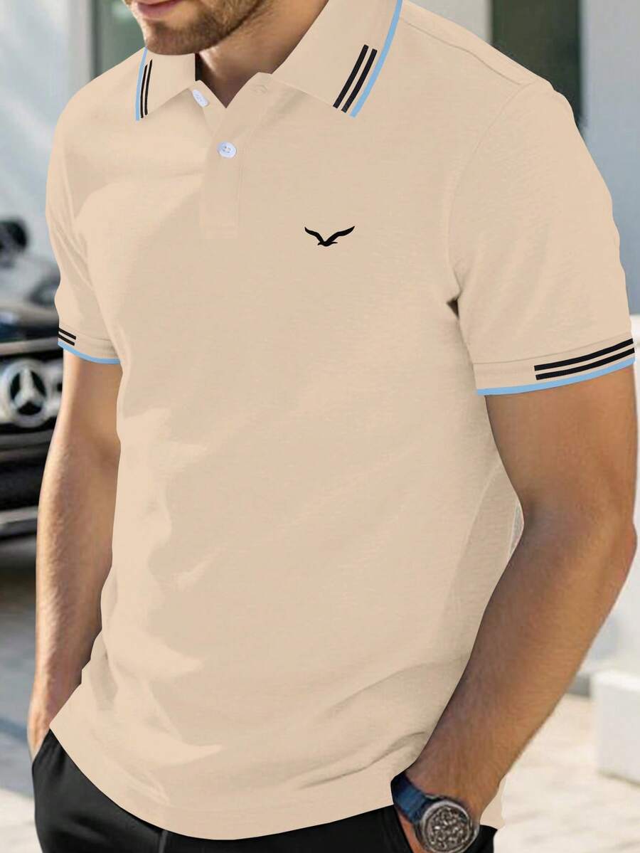 Manfinity Mode 男士夏季休闲条纹拼接短袖 Polo 衫 男士 Polo 衫套装 男士 Polo 衫 男士 Polo 衫 领子 - 杏色 - 查看 1