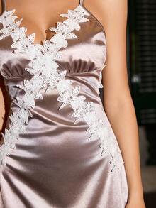 SilkySpell Lace Patchwork Sexy Backless Spaghetti Strap Nightgown - Mocha Brown - View 7
