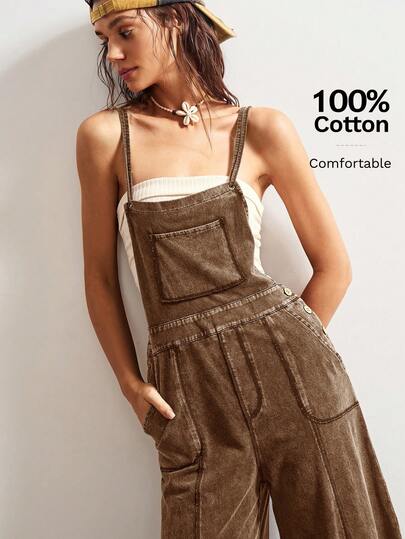 Bohemela 波西米亚风独立日休闲纯色梭织宽松阔腿撞色破洞女式背带裤