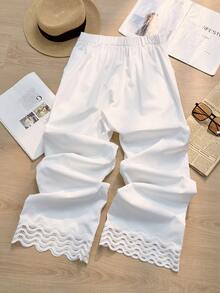 SHEIN Franclia Women's Summer Design Contrast Lace Straight-Leg Pants - White - View 2