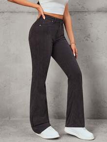 SHEIN EZwear 纯色修身斜插口袋休闲喇叭裤灯芯绒裤 - 灰色 - 查看 4