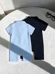SHEIN Playful Pals Bộ 2 món áo liền quần và quần short cổ polo tay ngắn màu trơn cho bé trai, thêu hình động vật, thích hợp cho mùa xuân/hè, mặc hàng ngày, đa năng, trang phục thường ngày cho kỳ nghỉ hè. - Nhiều màu - Xem 2