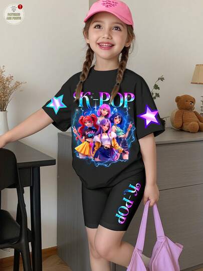 SHEIN 2pcs/Set Young Girl Casual Fashionable Colorful K-POP Girl Group Letter & Star Print Round Neck Short Sleeve T-Shirt And Shorts, Suitable For Summer