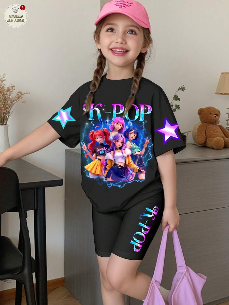 SHEIN 两件套少女休闲时尚彩色韩流女团字母星星印花圆领短袖T恤和短裤，适合夏季穿着 - 彩色 - 查看 1