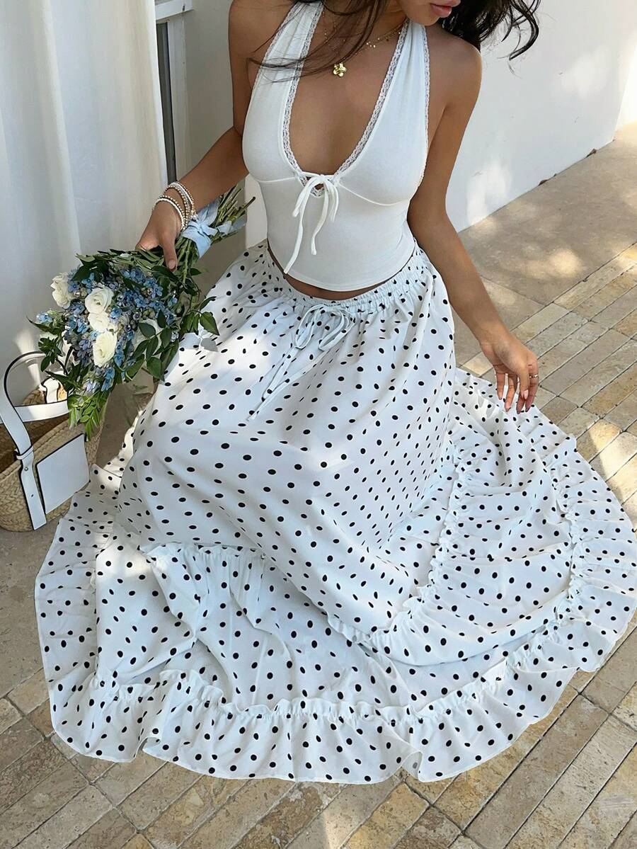 Sunnyshic 女士优雅休闲百搭时尚度假波点印花低腰长裙，春夏款 - 彩色 - 查看 1