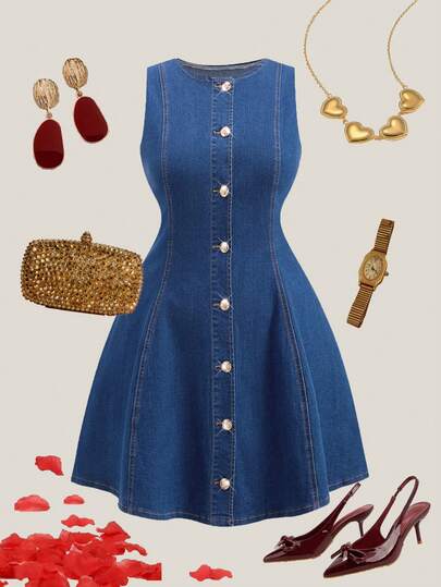 SHEIN MOD Vestido vaquero sin mangas de línea A con detalles de botones dorados para mujer de talla grande, vestido de verano, vestido de San Valentín, vestido de fiesta de boda, vestido de cumpleaños, vestido para salir, vestidos elegantes para mujer, vestido de vacaciones, vestido brillante, vestido azul